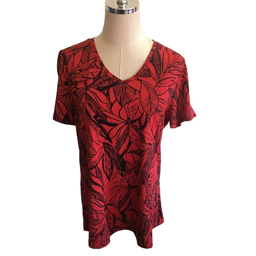 Hot Cotton Size Large Top Red Short Sleeve Black Leaf Print Lagenlook